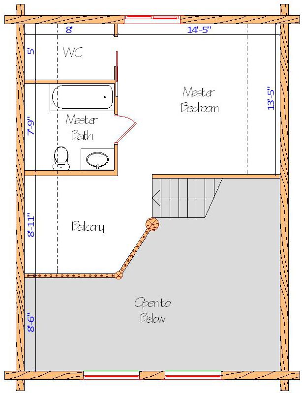 Log home floor plan with measurements, featuring a master bedroom, master bath, walk-in closet (WIC), and a balcony. Stairs lead to the lower level labeled "Garage Below."