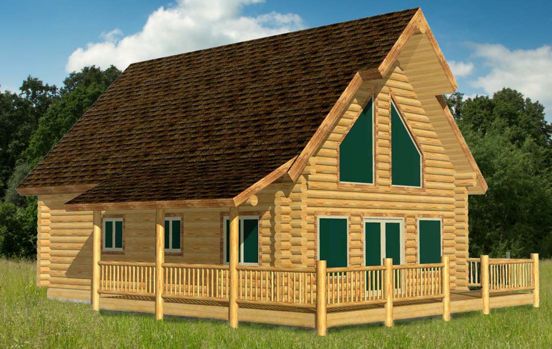 A 3D model of wooden log home cabin with a sloped roof, green windows, and a wraparound porch, set in a grassy area surrounded by trees.