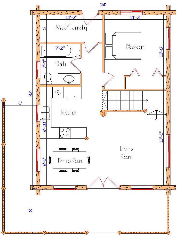 Log home floor plan with measurements, featuring a master bedroom, master bath, walk-in closet (WIC), and a balcony.