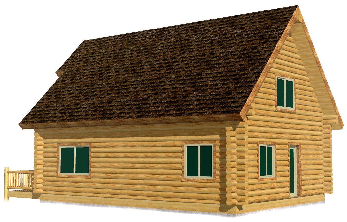 A 3D rendering of a log home wooden cabin with a steeply pitched roof, featuring green windows and a small porch on the front.