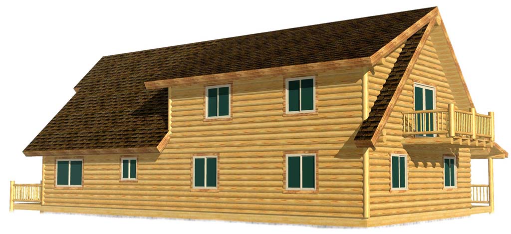 A 3D rendering of a log home cabin featuring a sloped roof, wooden pillars on the porch, and multiple windows.