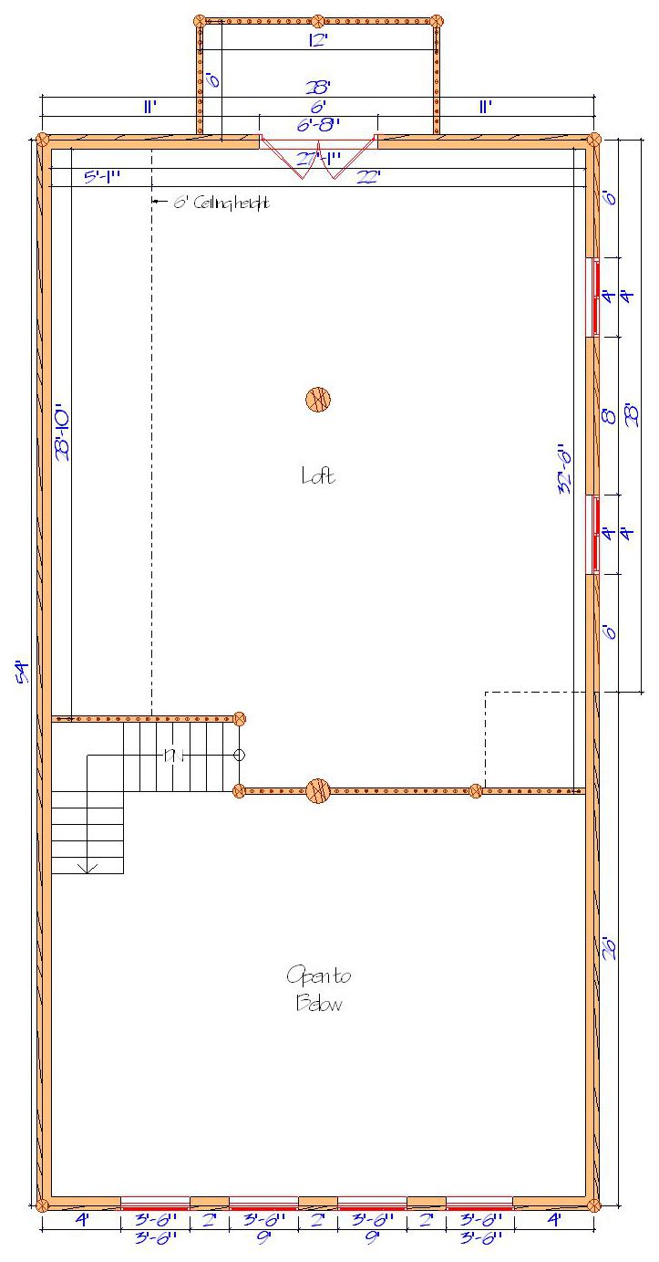 Floor plan of a log home layout showing various rooms including a master bedroom, guest room, living room, dining room, kitchen, and bathrooms with dimensions noted.