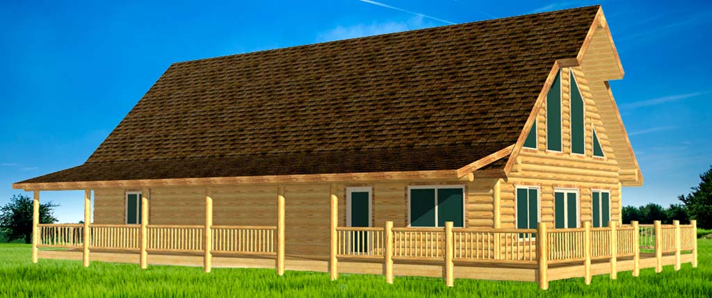 A large log home with a steeply pitched roof, featuring tall windows and a wraparound balcony, surrounded by trees.