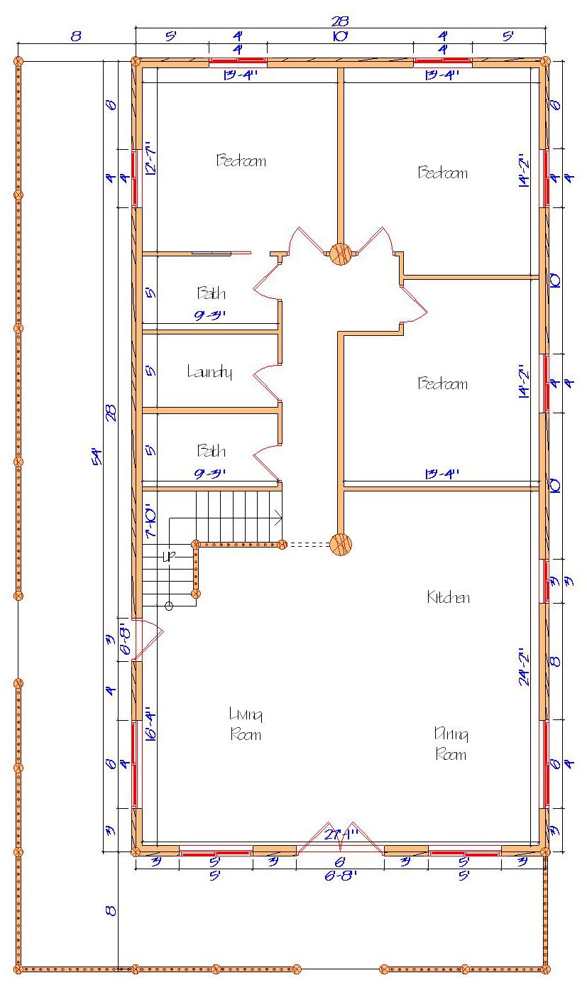 Floor plan of a log home layout showing various rooms including a master bedroom, guest room, living room, dining room, kitchen, and bathrooms with dimensions noted.