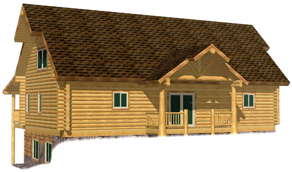 A 3D rendering of a log home cabin featuring a sloped roof, wooden pillars on the porch, and multiple windows.