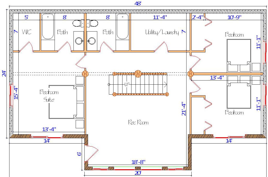 Floor plan of a log home layout showing various rooms including a master bedroom, guest room, living room, dining room, kitchen, and bathrooms with dimensions noted.
