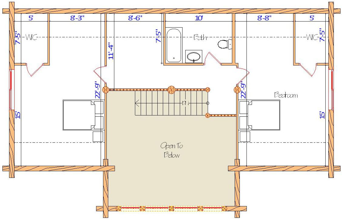 Floor plan of a log home layout showing various rooms including a master bedroom, guest room, living room, dining room, kitchen, and bathrooms with dimensions noted.