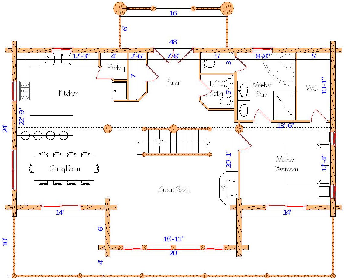 Floor plan of a log home layout showing various rooms including a master bedroom, guest room, living room, dining room, kitchen, and bathrooms with dimensions noted.