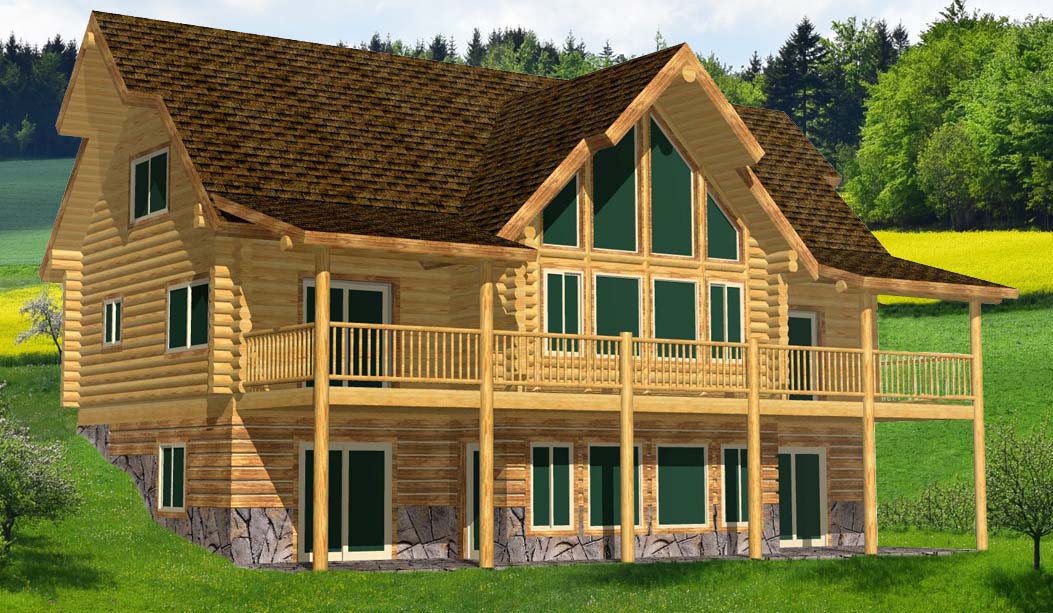 A two-story log home cabin with a steep roof, green windows, and a large porch surrounded by greenery and hills.