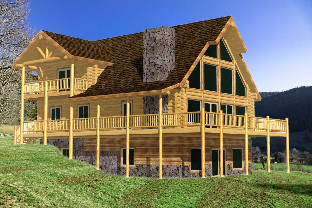 A 3D rendering of large log home with a steeply pitched roof, green windows, and a surrounding wooden deck, situated in a grassy area with trees in the background.