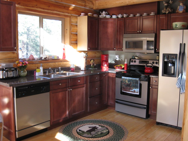 A cozy log home kitchen with wooden cabinets, a black countertop, stainless steel appliances, and a wooden floor. There's a window allowing natural light, and decorative items are placed on shelves. A round rug with an animal design is in front of the sink.