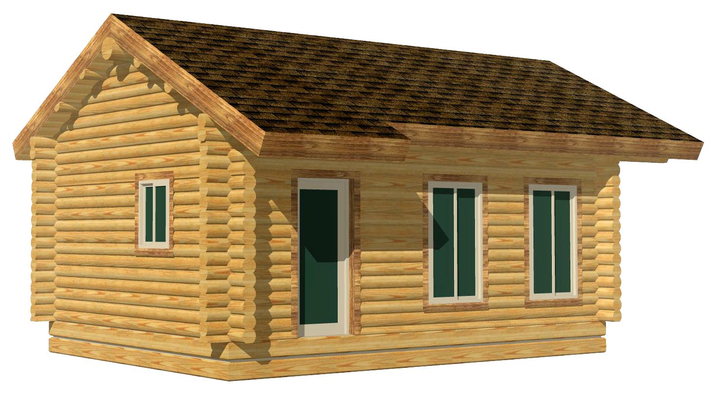 A 3D rendering of a log home cabin featuring a sloped roof, wooden pillars on the porch, and multiple windows.