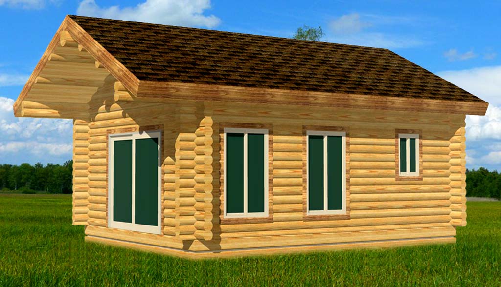 A small log home kit with a sloped roof, featuring multiple windows and a porch area, situated in a grassy field.