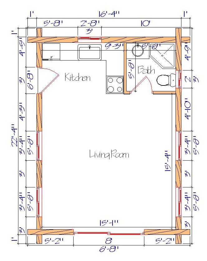 Floor plan of a log home layout showing various rooms including a master bedroom, guest room, living room, dining room, kitchen, and bathrooms with dimensions noted.