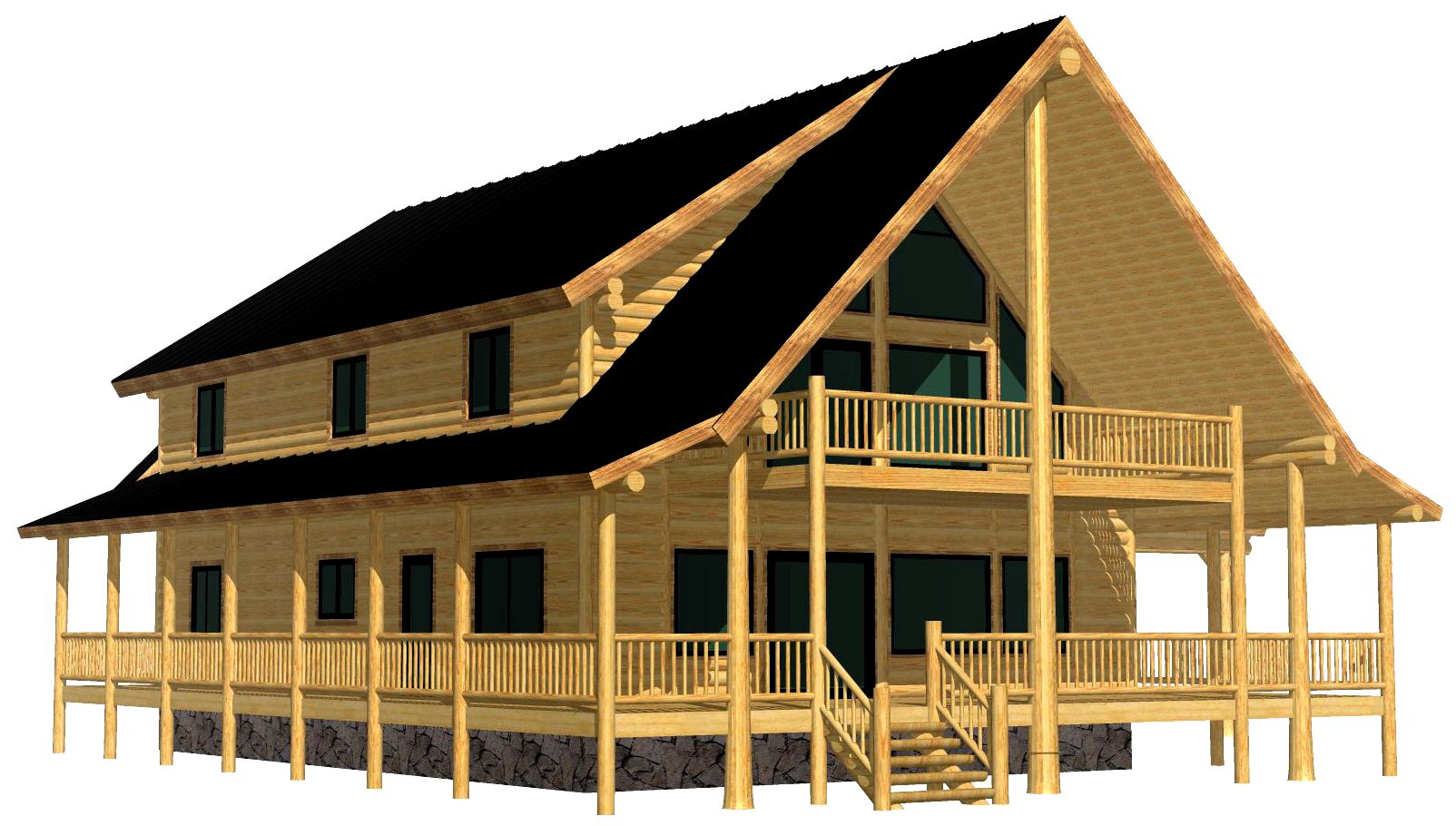 A 3D rendering of a log home cabin featuring a sloped roof, wooden pillars on the porch, and multiple windows.