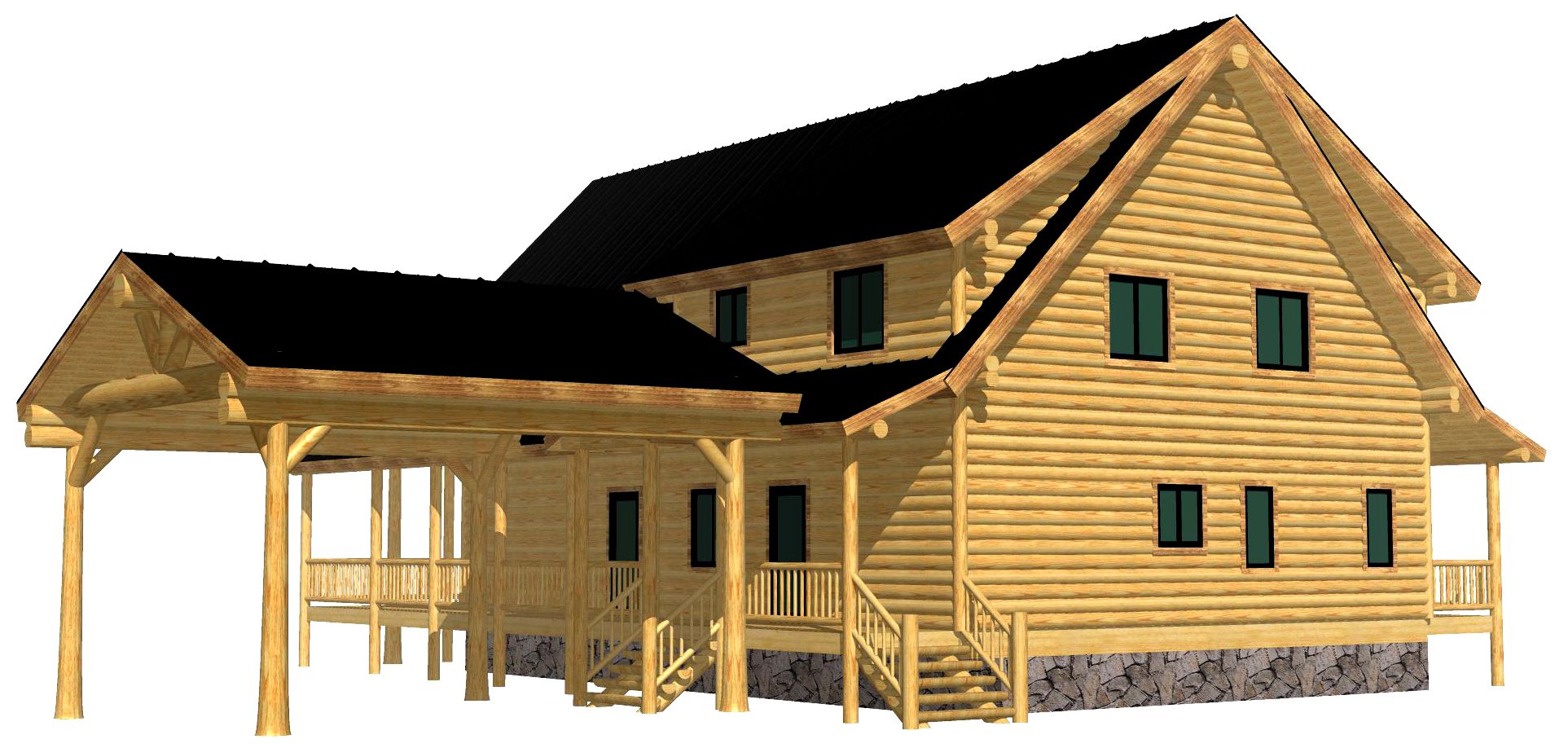 A 3D rendering of a log home cabin featuring a sloped roof, wooden pillars on the porch, and multiple windows.