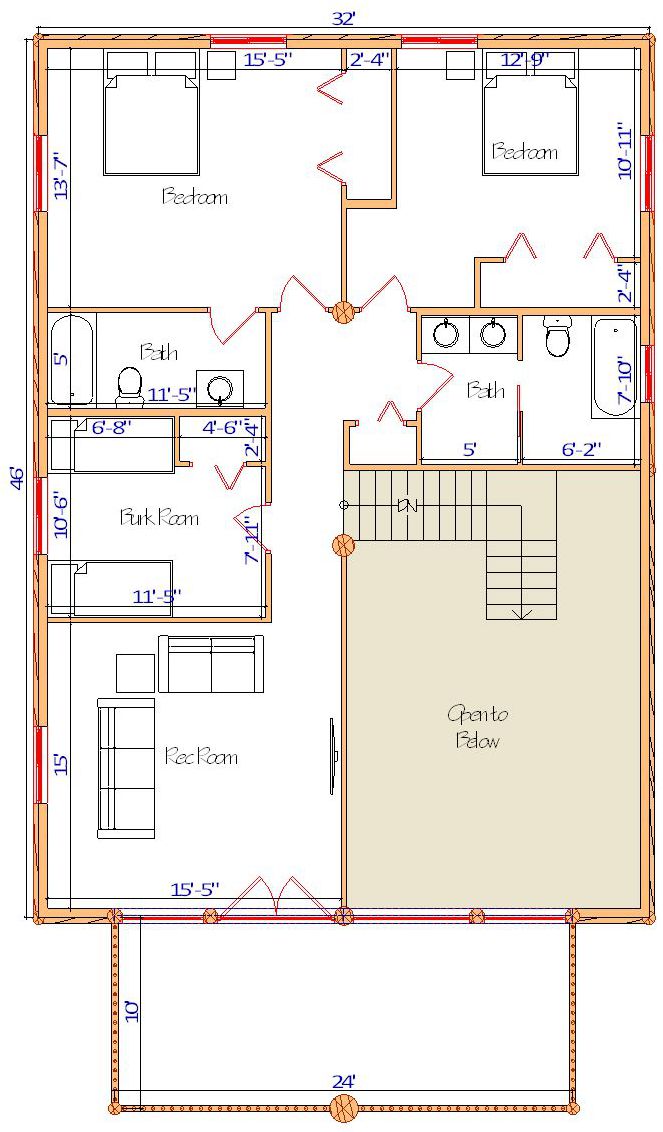 Floor plan of a log home layout showing various rooms including a master bedroom, guest room, living room, dining room, kitchen, and bathrooms with dimensions noted.