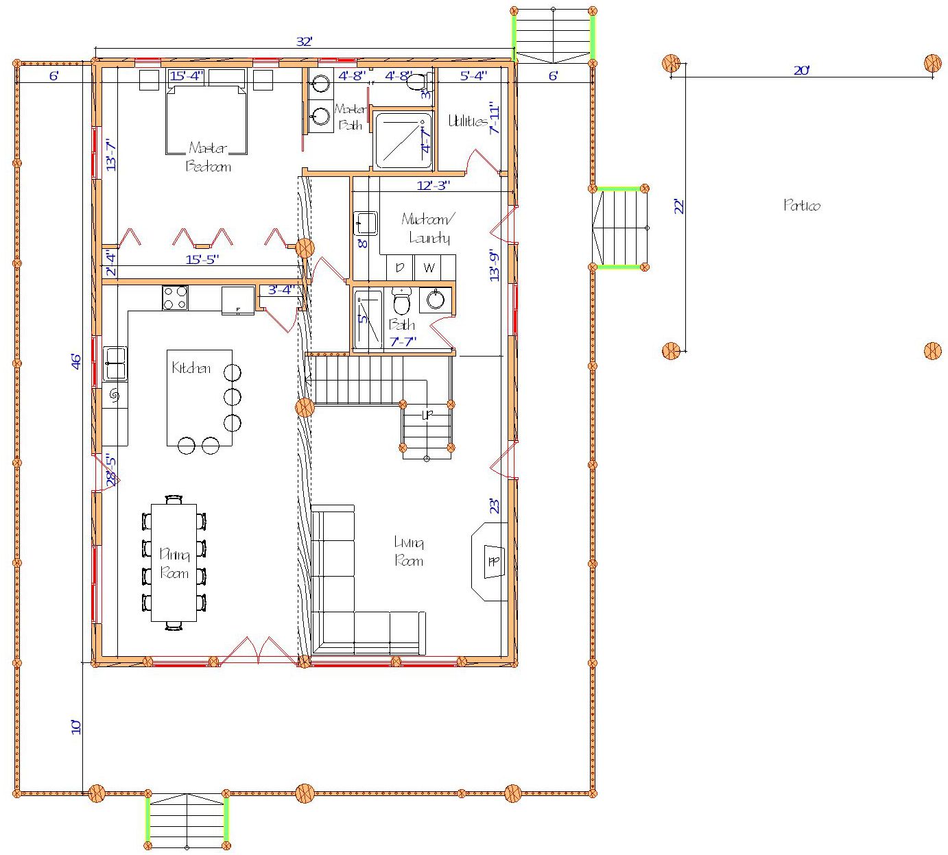 Floor plan of a log home layout showing various rooms including a master bedroom, guest room, living room, dining room, kitchen, and bathrooms with dimensions noted.