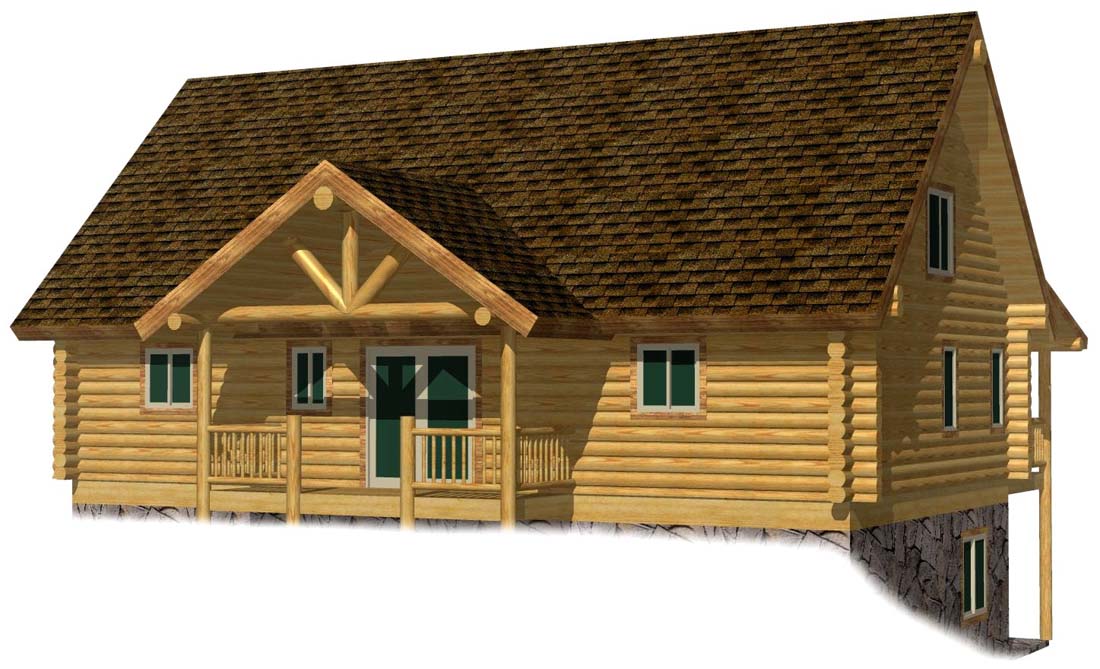 A 3D rendering of a log home cabin featuring a sloped roof, wooden pillars on the porch, and multiple windows.