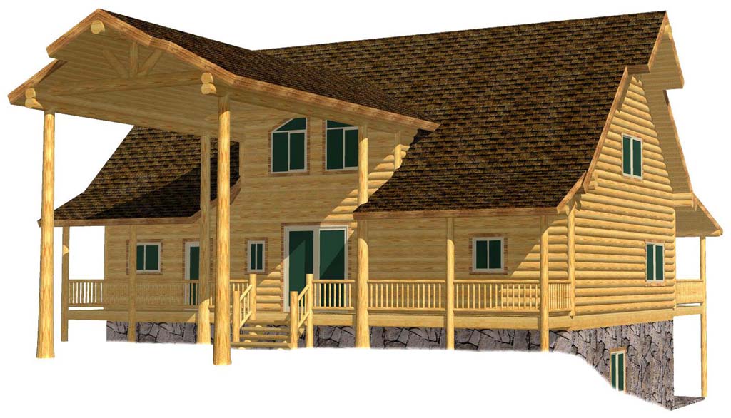 A 3D rendering of a log home cabin featuring a sloped roof, wooden pillars on the porch, and multiple windows.