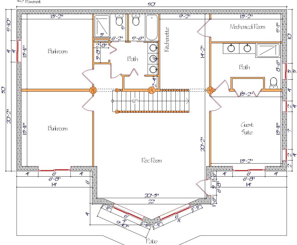 Floor plan of a log home layout showing various rooms including a master bedroom, guest room, living room, dining room, kitchen, and bathrooms with dimensions noted.