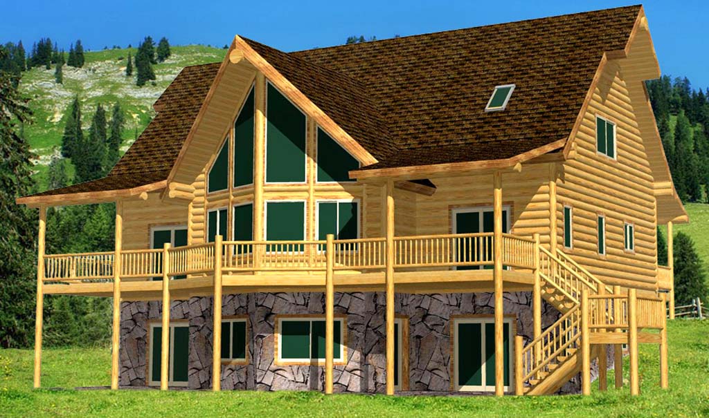 A large log home with a steeply pitched roof, featuring tall windows and a wraparound balcony, surrounded by trees.