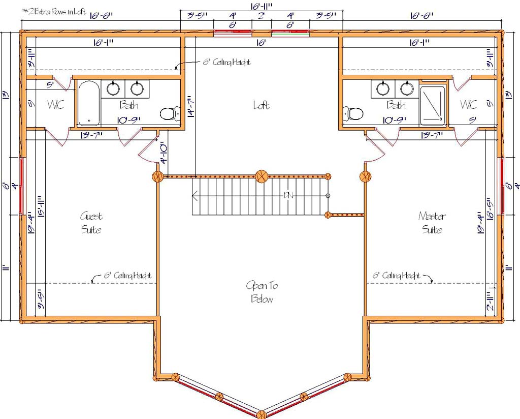 Floor plan of a log home layout showing various rooms including a master bedroom, guest room, living room, dining room, kitchen, and bathrooms with dimensions noted.