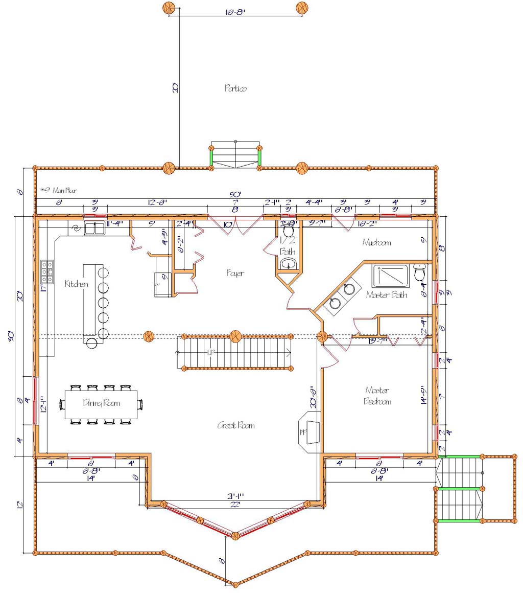 Floor plan of a log home layout showing various rooms including a master bedroom, guest room, living room, dining room, kitchen, and bathrooms with dimensions noted.