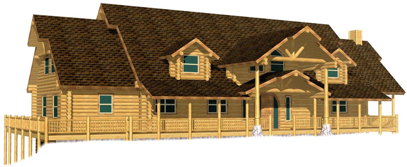 A 3D rendering of a log home cabin featuring a sloped roof, wooden pillars on the porch, and multiple windows.