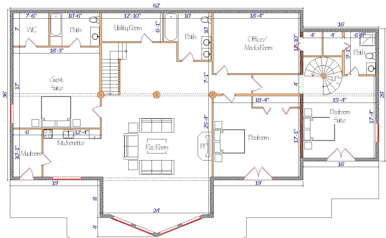 Floor plan of a log home layout showing various rooms including a master bedroom, guest room, living room, dining room, kitchen, and bathrooms with dimensions noted.