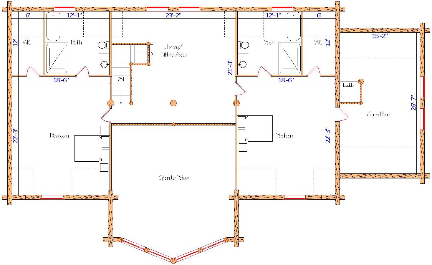 Floor plan of a log home layout showing various rooms including a master bedroom, guest room, living room, dining room, kitchen, and bathrooms with dimensions noted.