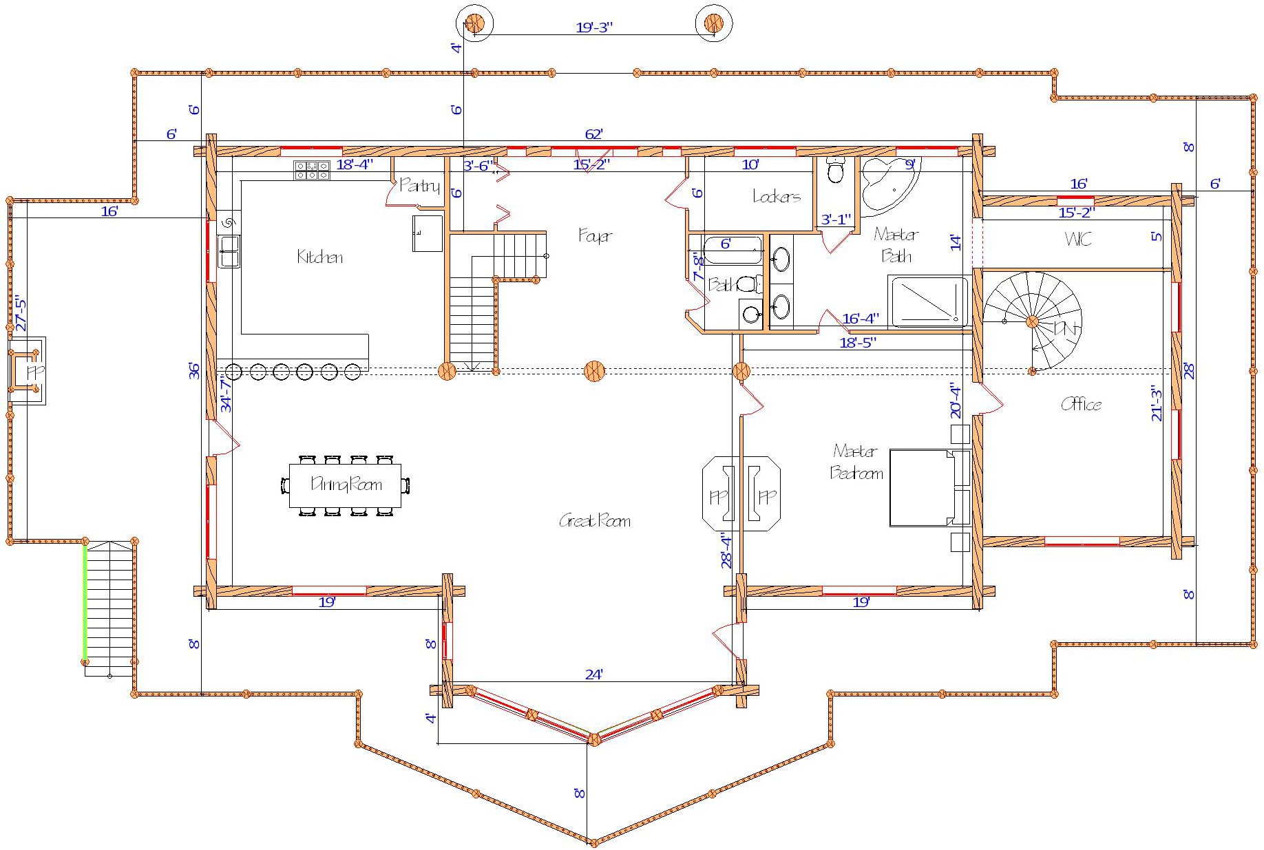 Floor plan of a log home layout showing various rooms including a master bedroom, guest room, living room, dining room, kitchen, and bathrooms with dimensions noted.