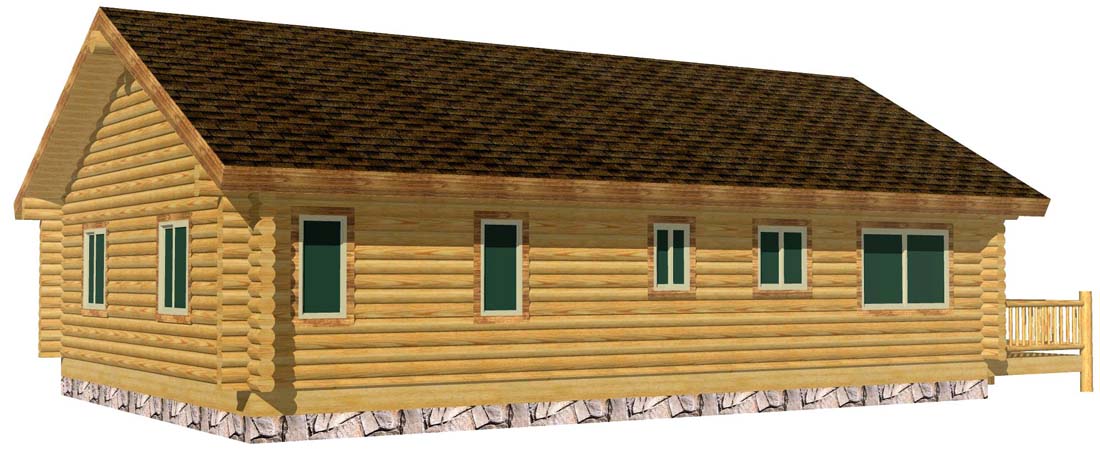 A wooden log home cabin with a sloped roof, featuring a front porch and multiple windows.