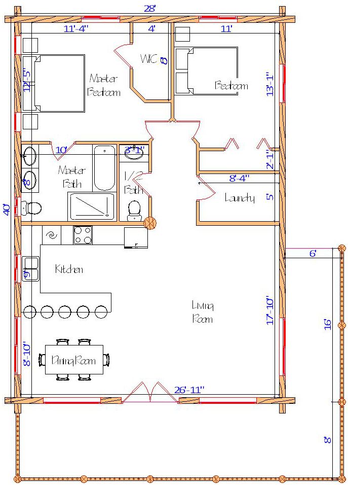 Floor plan of a log home layout showing various rooms including a master bedroom, guest room, living room, dining room, kitchen, and bathrooms with dimensions noted.