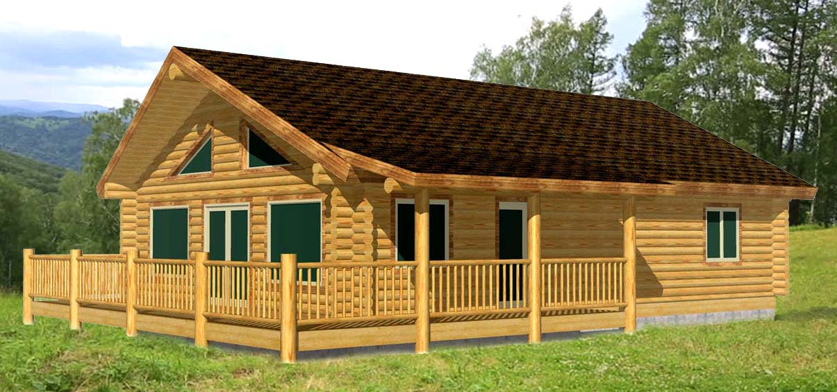 A 3D model of a wooden log home cabin with a sloped roof, featuring a front porch and multiple windows.