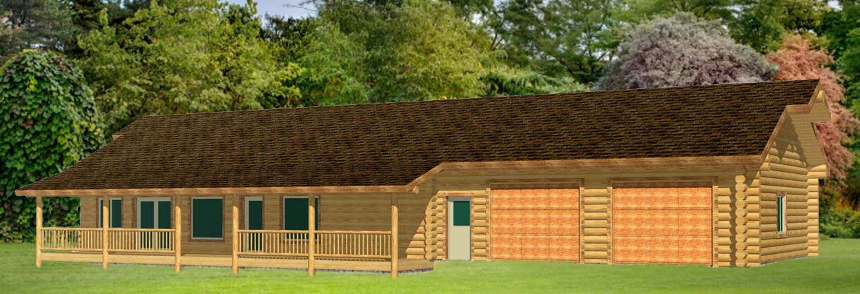 A 3D model of a log home cabin in a wooded area, featuring a porch, green windows, and two garage doors.