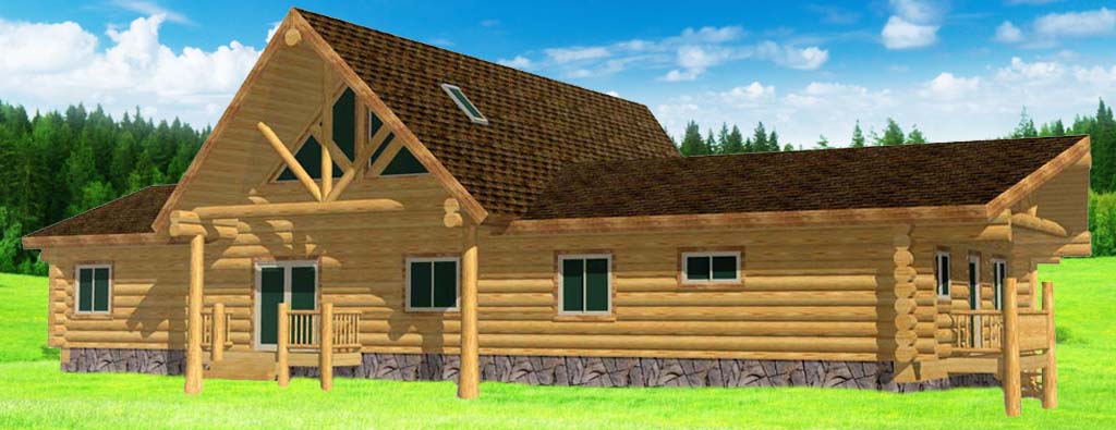 A large log home with a steeply pitched roof, featuring tall windows and a wraparound balcony, surrounded by trees.