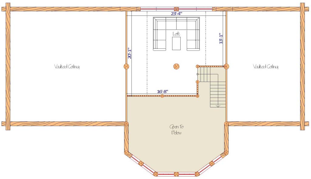 Floor plan of a log home layout showing various rooms including a master bedroom, guest room, living room, dining room, kitchen, and bathrooms with dimensions noted.