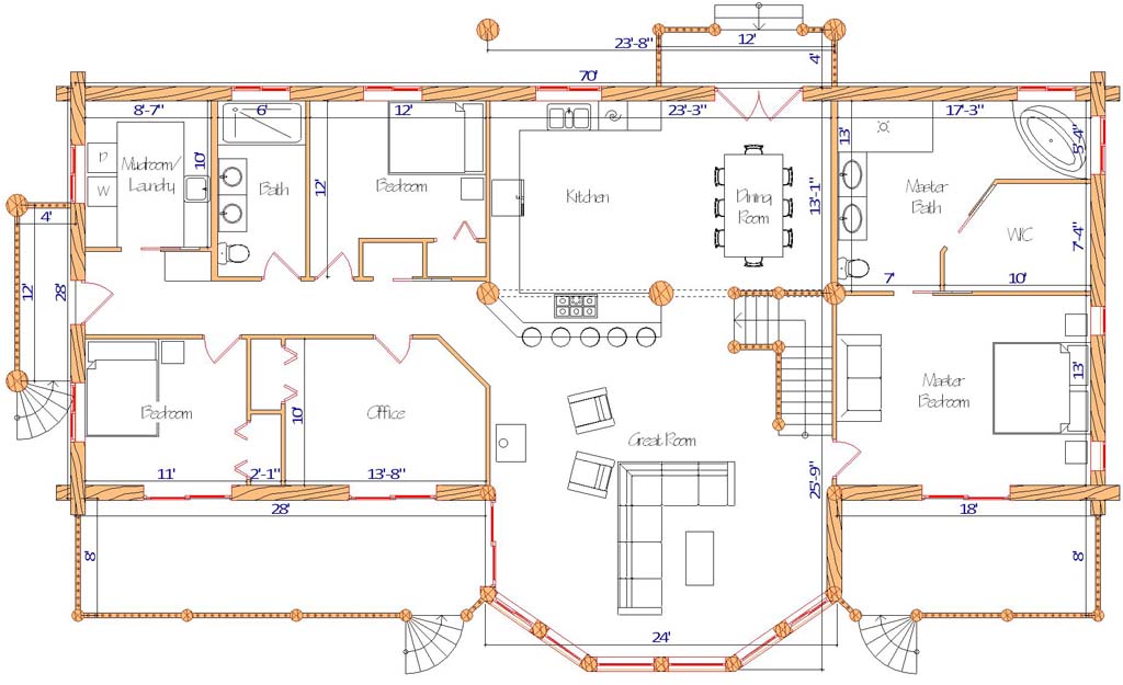 Floor plan of a log home layout showing various rooms including a master bedroom, guest room, living room, dining room, kitchen, and bathrooms with dimensions noted.
