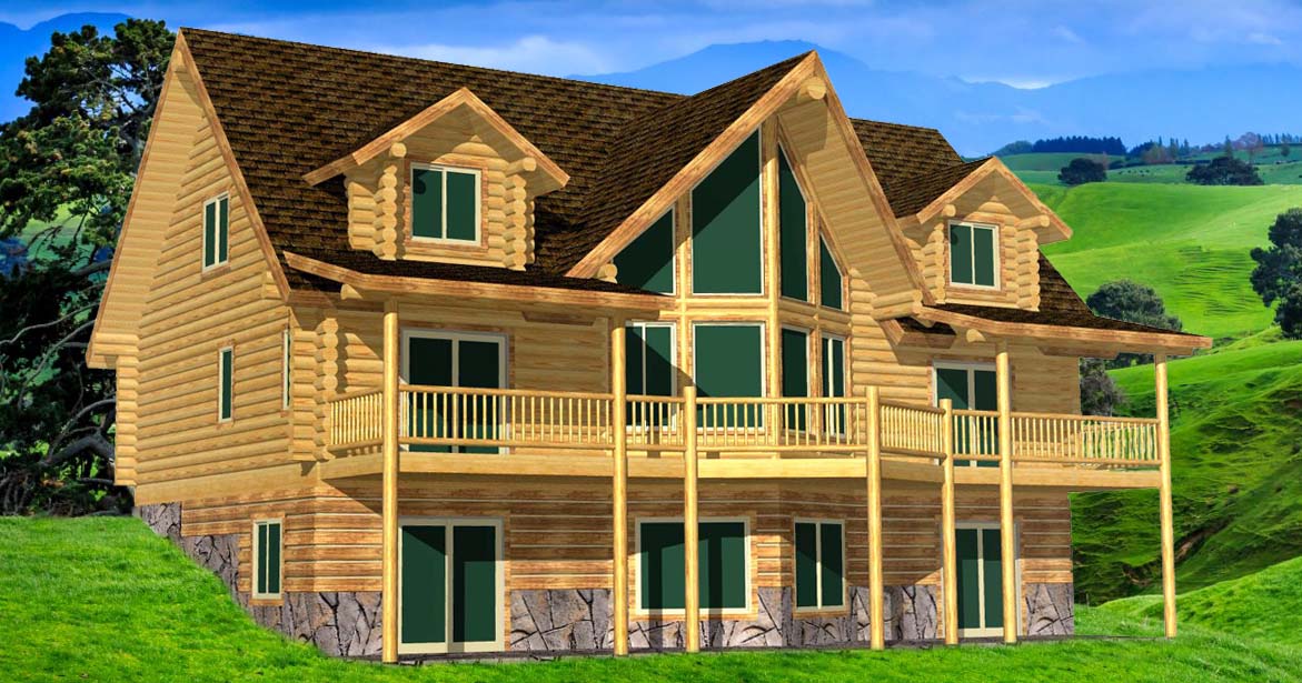 A large log home with a steeply pitched roof, featuring tall windows and a wraparound balcony, surrounded by trees.