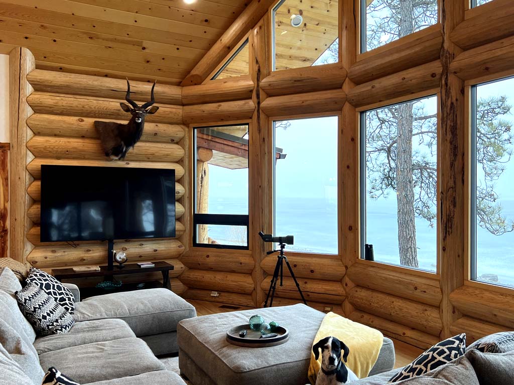 A cozy log home living room in a log cabin featuring large windows, a television mounted on the wall, and a dog resting on a couch. A telescope is positioned near the window with views of trees and an outdoor landscape.
