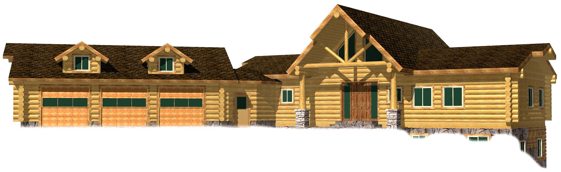 A 3D rendering of a log home cabin featuring a sloped roof, wooden pillars on the porch, and multiple windows.
