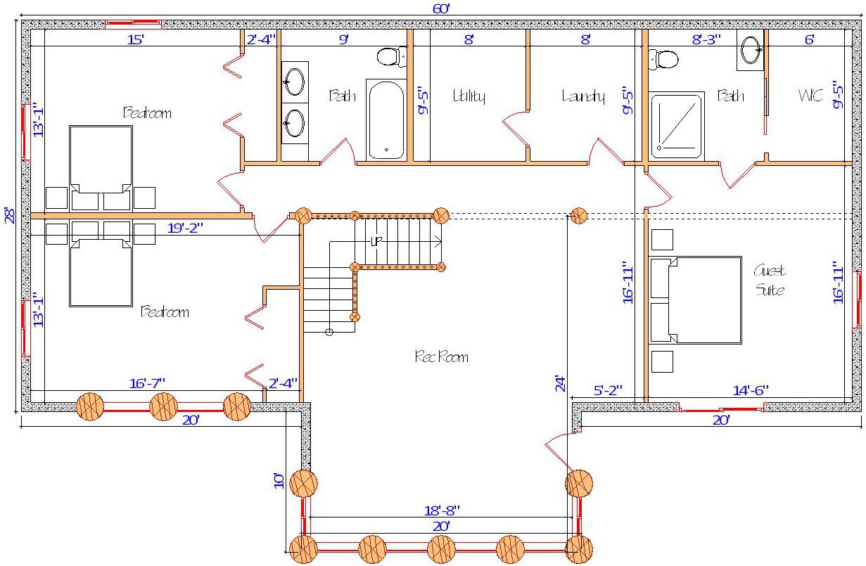Floor plan of a log home layout showing various rooms including a master bedroom, guest room, living room, dining room, kitchen, and bathrooms with dimensions noted.