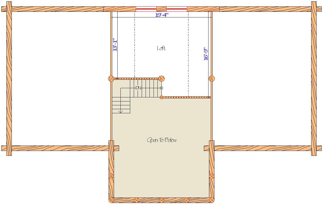 Floor plan of a log home layout showing various rooms including a master bedroom, guest room, living room, dining room, kitchen, and bathrooms with dimensions noted.