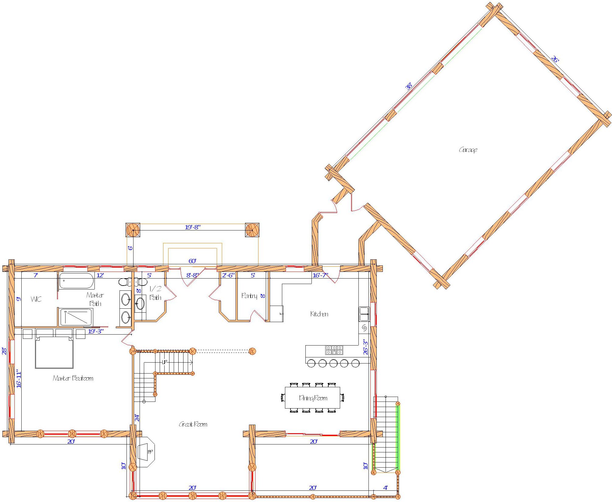 Floor plan of a log home layout showing various rooms including a master bedroom, guest room, living room, dining room, kitchen, and bathrooms with dimensions noted.
