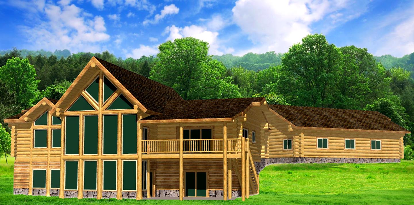 A large log home with a steeply pitched roof, featuring tall windows and a wraparound balcony, surrounded by trees.Mountain Ranch 1440