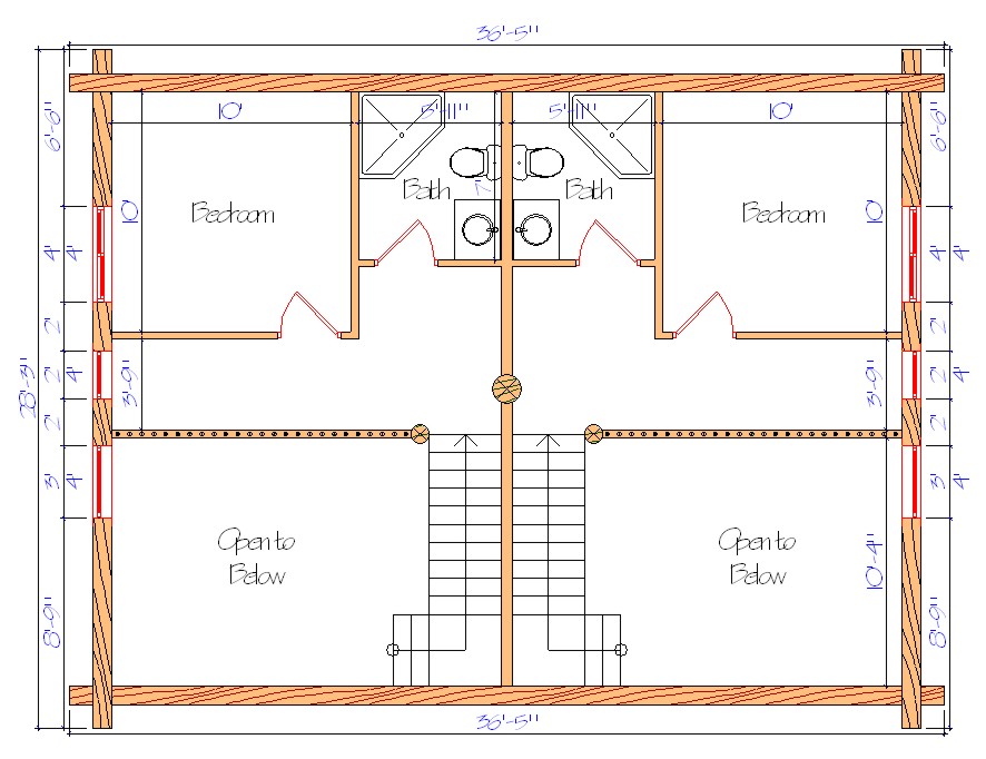 Floor plan of a log home layout showing various rooms including a master bedroom, guest room, living room, dining room, kitchen, and bathrooms with dimensions noted.