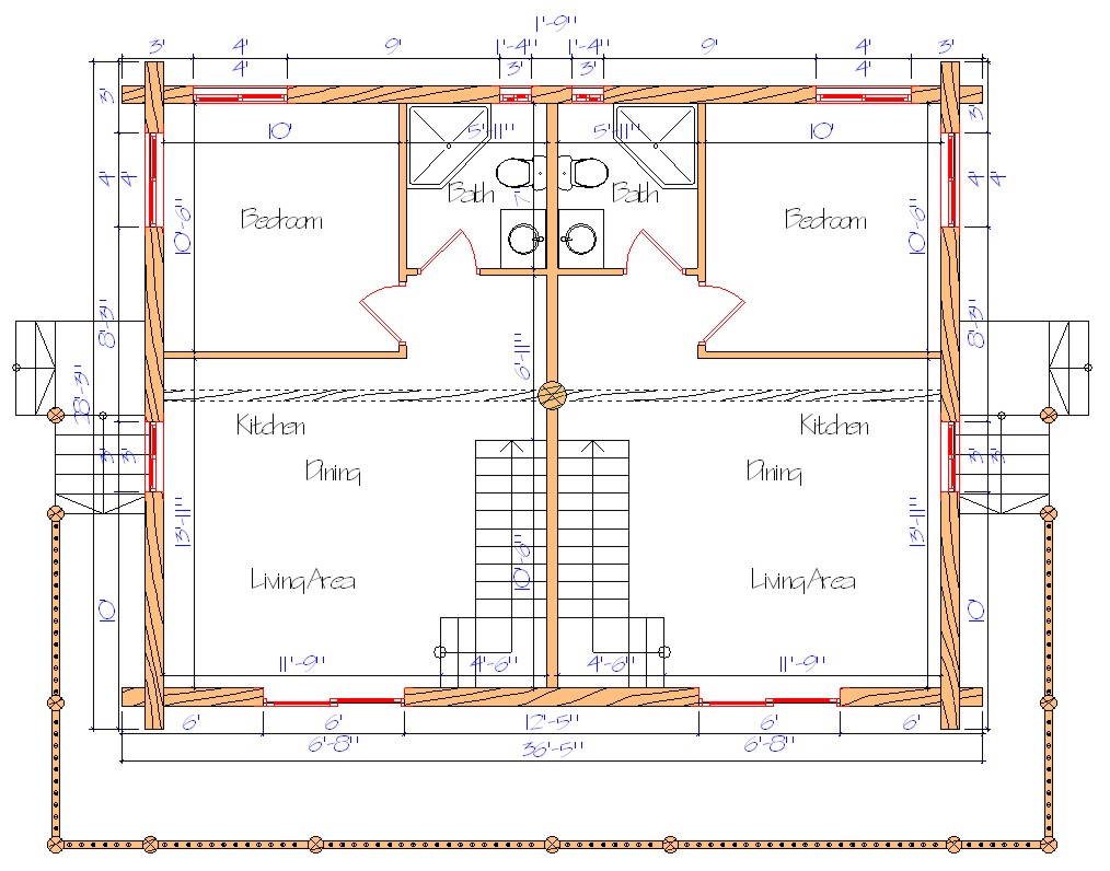 Floor plan of a log home layout showing various rooms including a master bedroom, guest room, living room, dining room, kitchen, and bathrooms with dimensions noted.