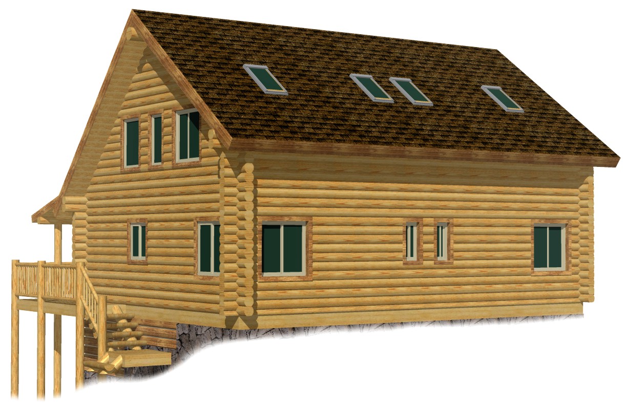 A 3D rendering of a log home cabin featuring a sloped roof, wooden pillars on the porch, and multiple windows.