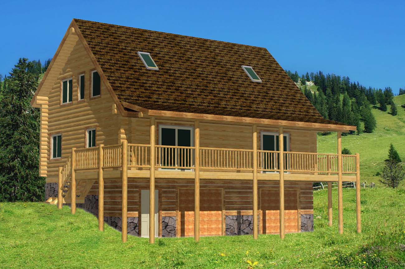 A large log home with a steeply pitched roof, featuring tall windows and a wraparound balcony, surrounded by trees.